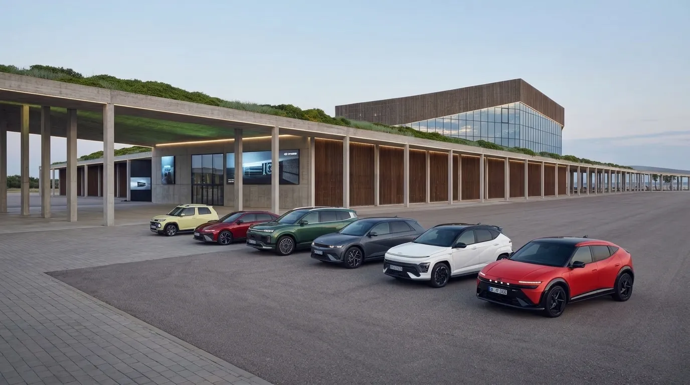Gama eléctrica de Hyundai: INSTER, IONIQ 6, IONIQ 9, IONIQ 5, KONA Eléctrico e IONIQ 3 aparcados en fila frente a un edificio moderno de hormigón y madera